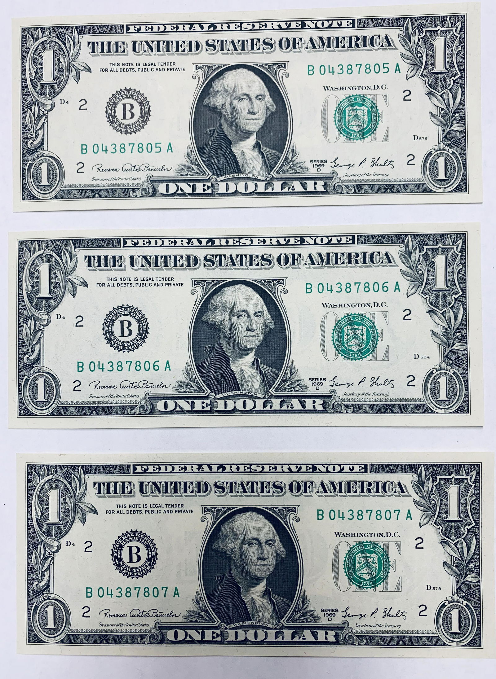 1969-D $1 One Dollar Bill Federal Reserve Note New York: 1969-D $1 One Dollar Bill Federal Reserve Note New York FR #1907-B Banuelos & Shultz Lot of 3 Consecutive Numbers