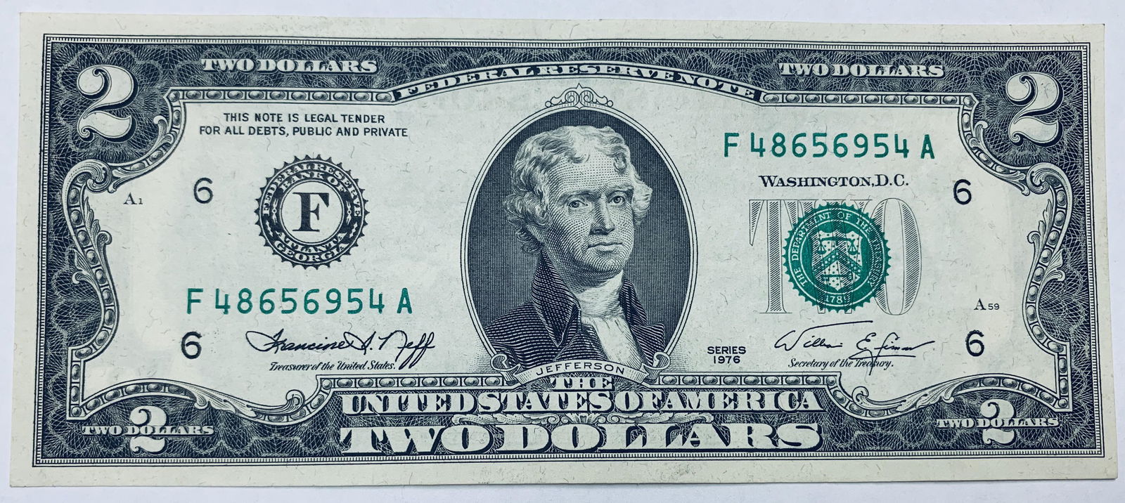 1976 $2 Two Dollar Bill Federal Reserve Note Atlanta FR: 1976 $2 Two Dollar Bill Federal Reserve Note Atlanta FR #1935-F Neff & Simon
