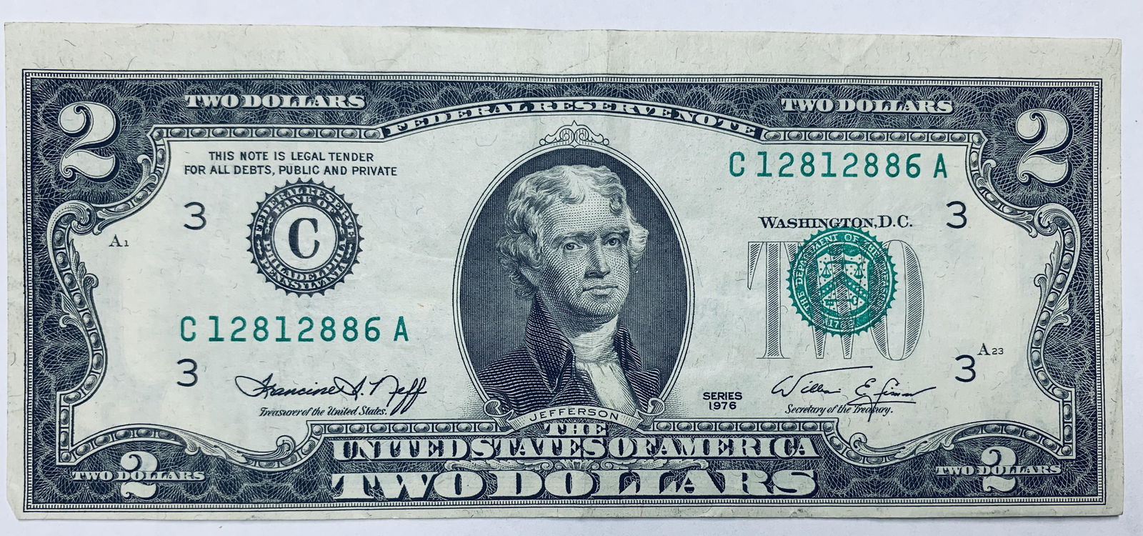 1976 $2 Two Dollar Bill Federal Reserve Note: 1976 $2 Two Dollar Bill Federal Reserve Note Philadelphia Off Center FR #1935-C Neff & Simon