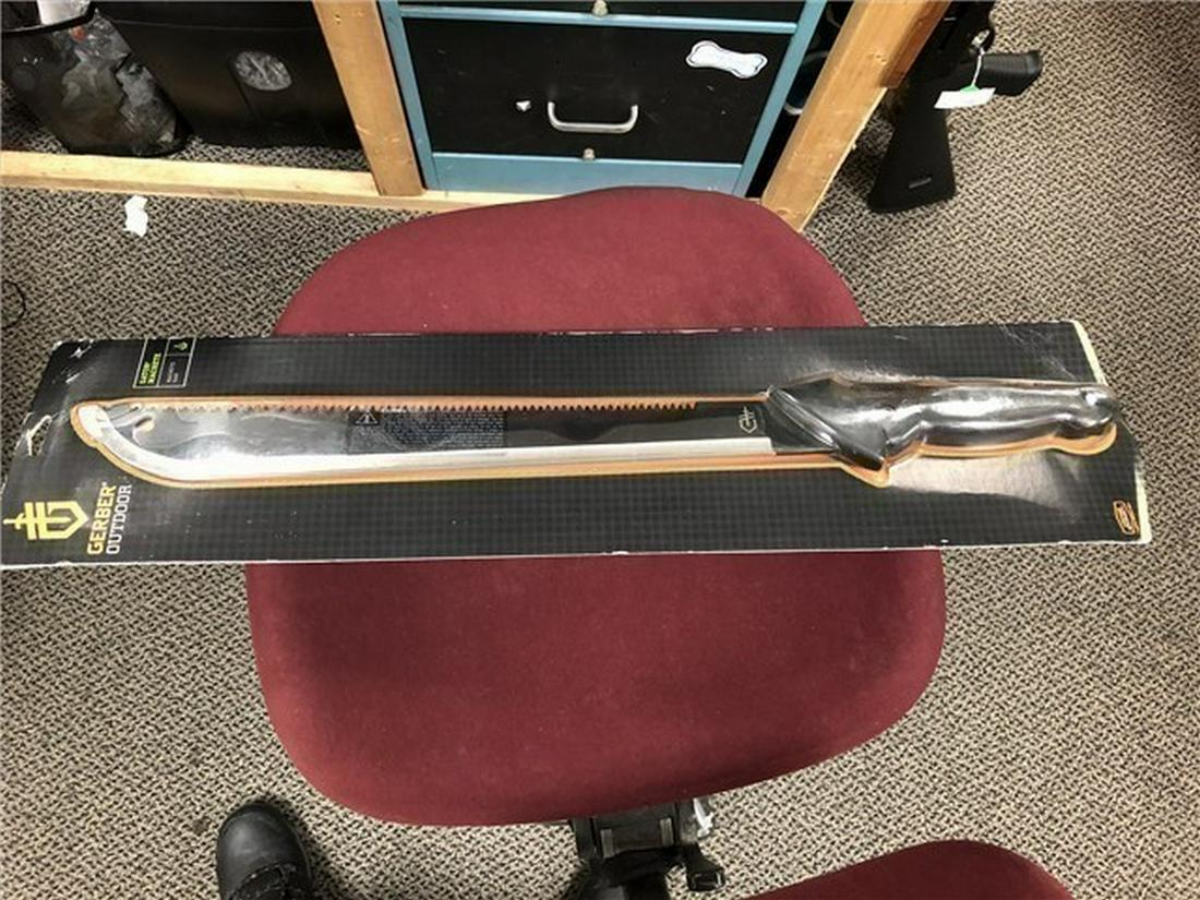 GERBER GATOR MACHETE: This dual purpose machete solves two obstacles: chopping and sawing. Successful at both, the 18 inch blade features a full performance saw on one side, a 15 inch fine edge blade on the other. With a G