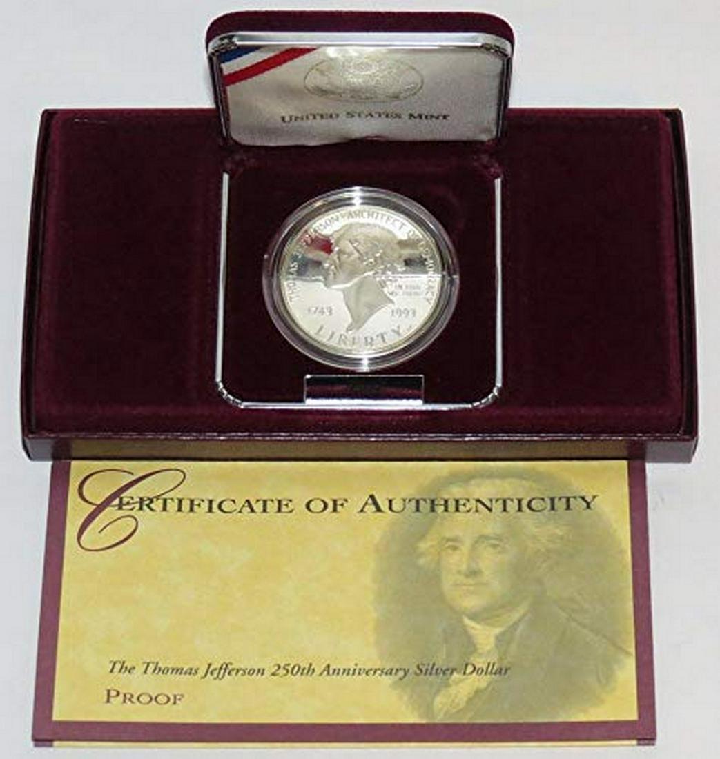 1993-S $1 The Thomas Jefferson Commemorative Silver: 1993-S $1 The Thomas Jefferson 250th Anniversary Commemorative Silver Dollar in US Mint Original Government Packaging Proof