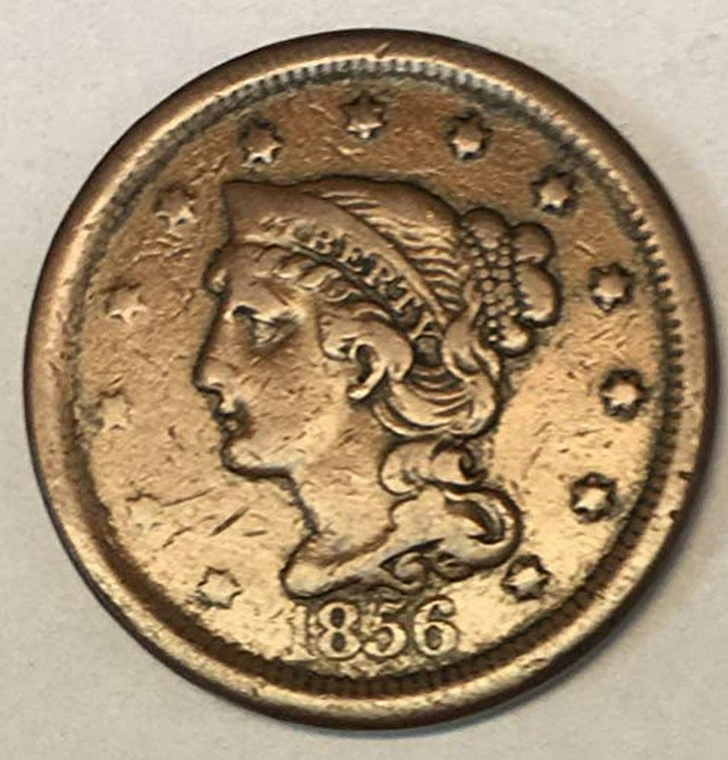 1856 P Braided Hair Large Cent Slanted"5" 1c Fine (1 of 1)