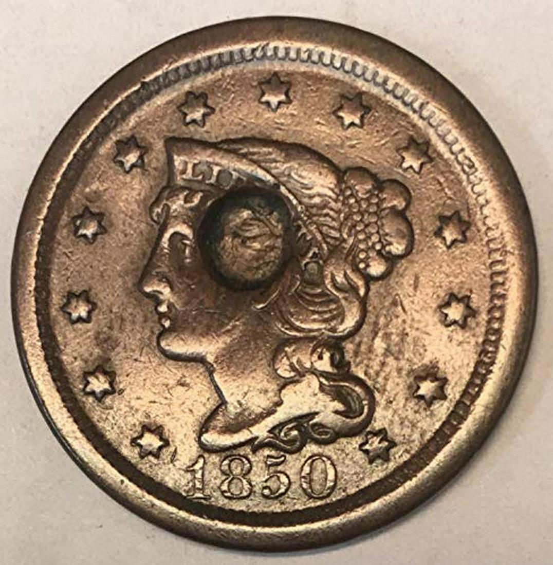 1850 P Braided Hair Large Cent 1c Damaged (1 of 1)