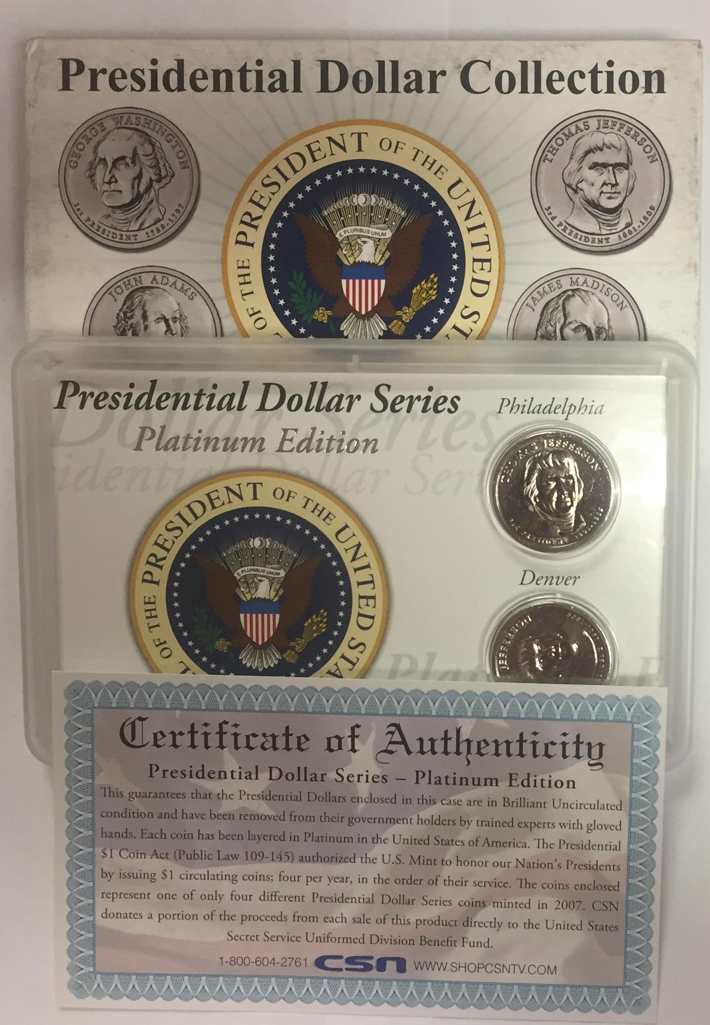 2007-P & D Platinum Edition Thomas Jefferson: 2007 P & D Platinum Edition Thomas Jefferson Presidential Dollar Collection