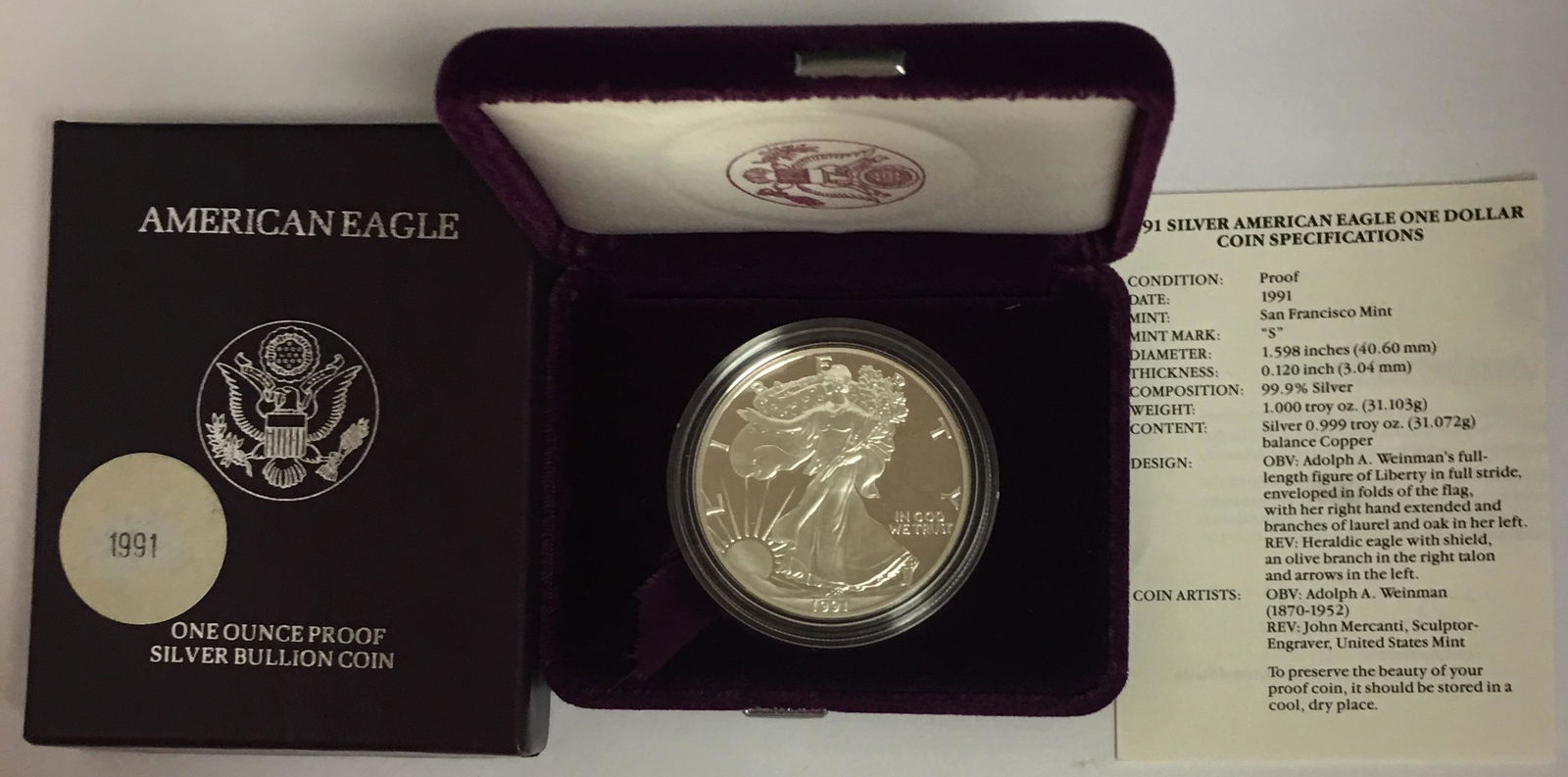 1991-S $1 Proof American Silver Eagle 1 oz ASE in OGP & (1 of 3)
