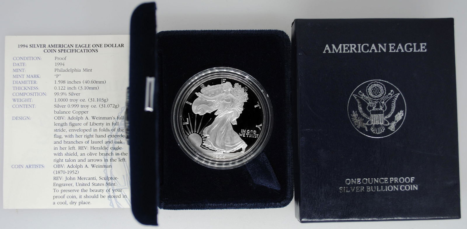 1994-P $1 Proof American Silver Eagle 1 oz ASE in OGP & (1 of 3)