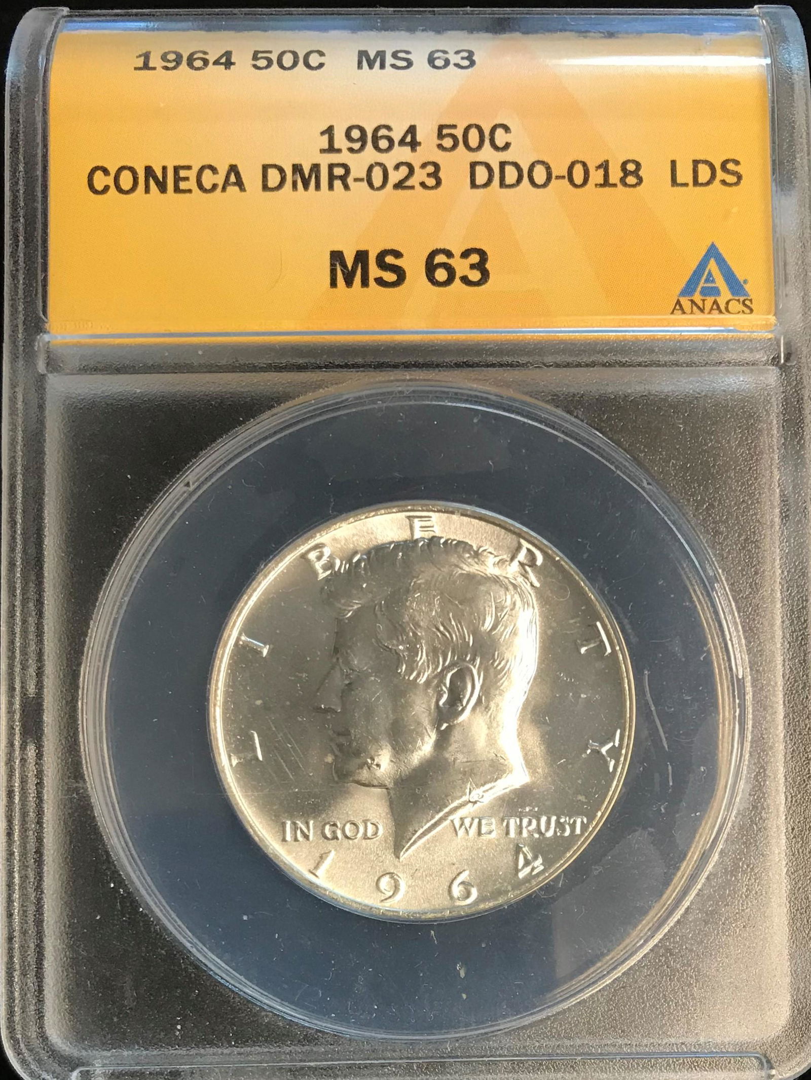 1964-P 50C Silver Kennedy Half Dollar ANACS MS63 Coneca (1 of 2)