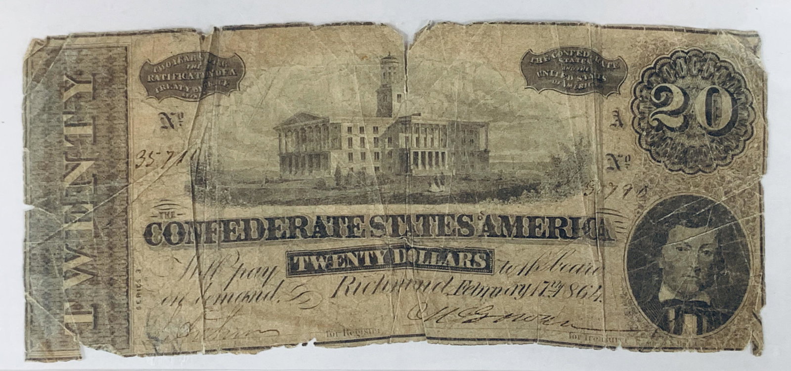 1864 $20 Confederate Notes T-67 Civil War S/N 35710 pp (1 of 2)
