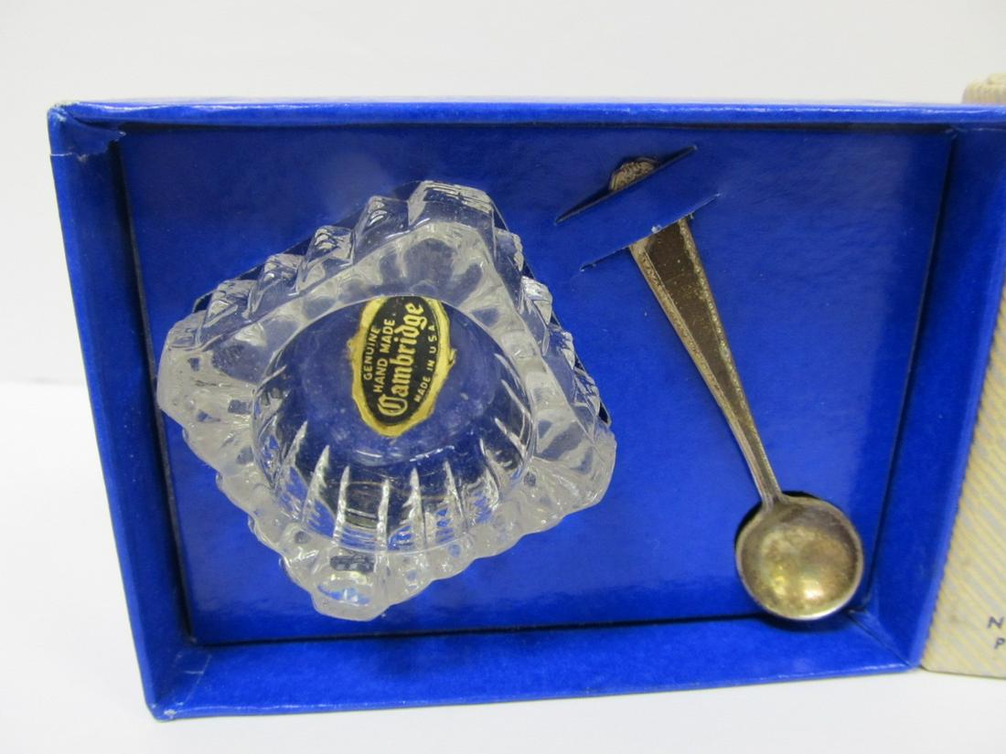 WESTMORLAND 4 SETS STERLING LADY HILTON SALT SPOONS: These nice 4 Westmorland Lady Hilton sterling salt spoons come with Cambridge glass salt cellars unused in 4 original boxes. They are in overall excellent condition with no wear seen. The spoons have 