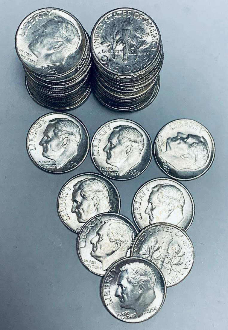 1954-P Roll of 50 Roosevelt Silver Dimes PBU (1 of 3)