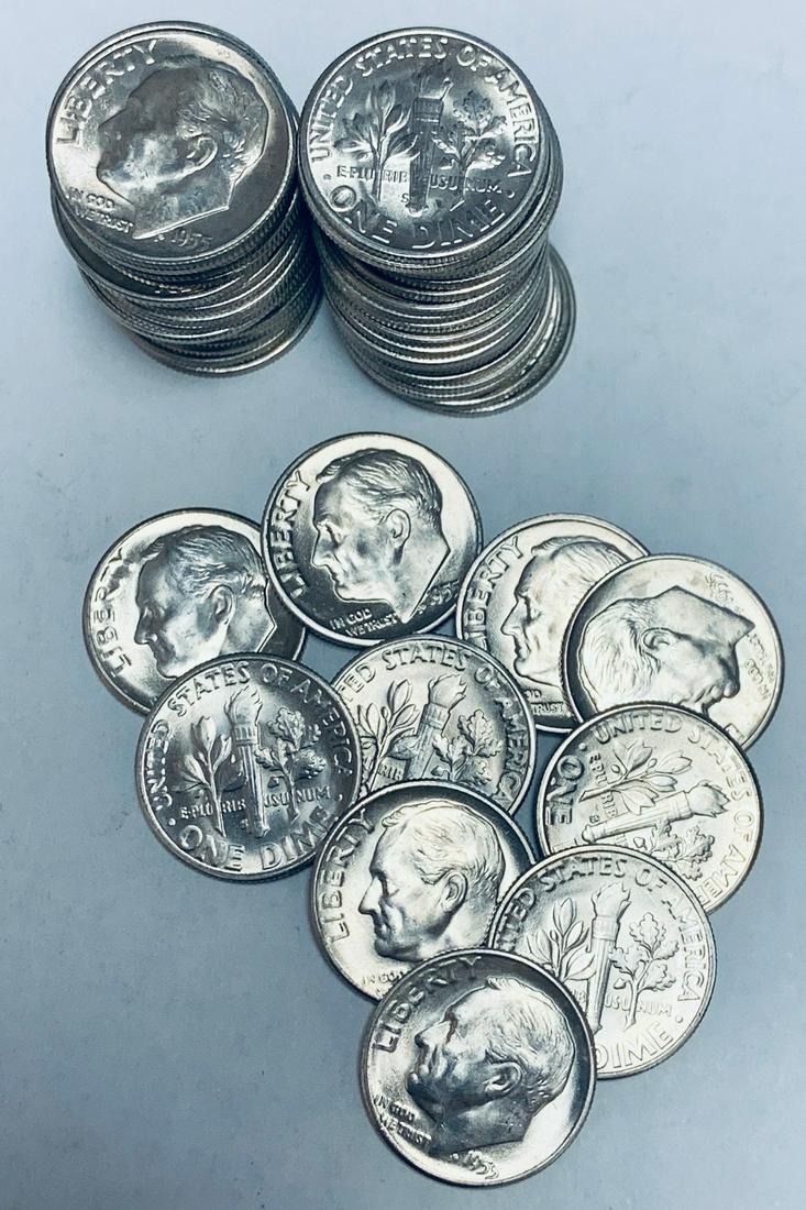 1955-S Roll of 50 Roosevelt Silver Dimes PBU: 1955-S Roll of 50 Roosevelt Silver Dimes PBU