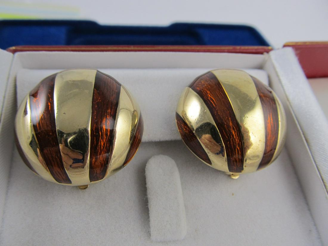 CINER GOLD TONE AMBER ENAMEL CLIP ON EARRINGS 1 1/4" H: This very well-made Ciner pair of round, gold tone with amber enamel accents, clip-back earrings is in overall excellent condition with some very slight wear. The clip backs close nicely. The pair was