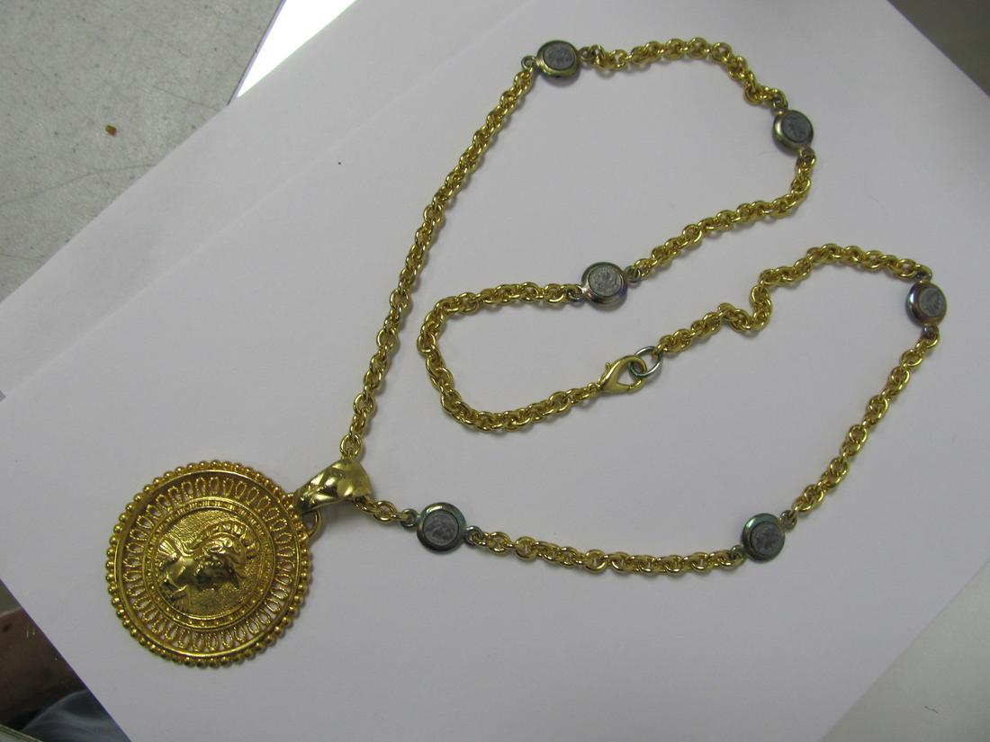 TROJAN WARRIOR IMAGE GOLD TONE COIN REPLICA NECKLACE 31: This is a very wearable gold tone choice necklace featuring inset replica antique coins & a pendant with an image of a Trojan warrior. There is a maker\\'s mark, but it is indiscernible. It is excepti