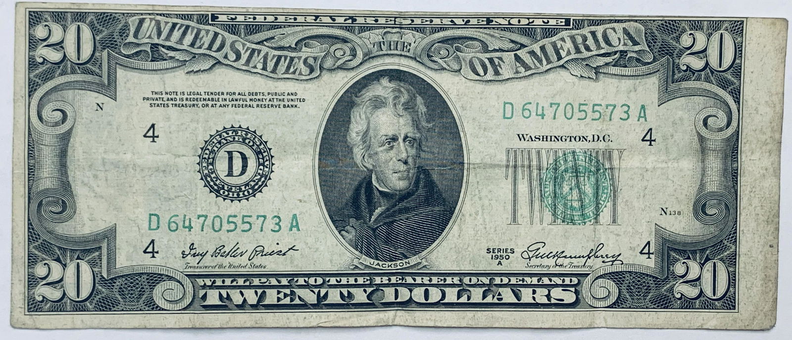 1950-A $20 Federal Reserve Note Cleveland Off Center (1 of 2)
