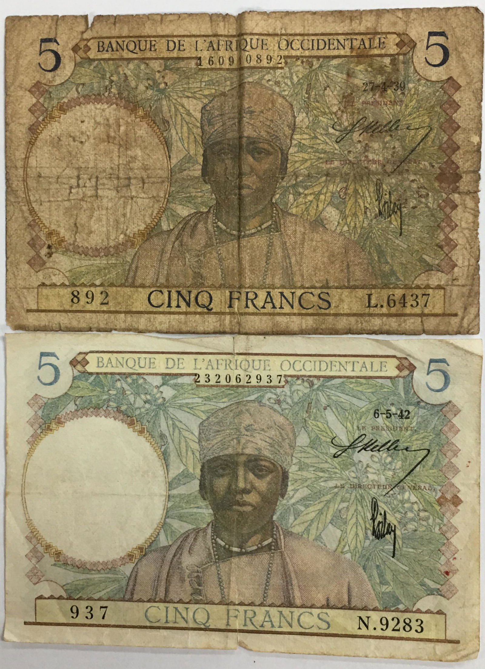 Lot of 2 Bank of Africa 1939 & 1942 - 5 Francs (1 of 2)
