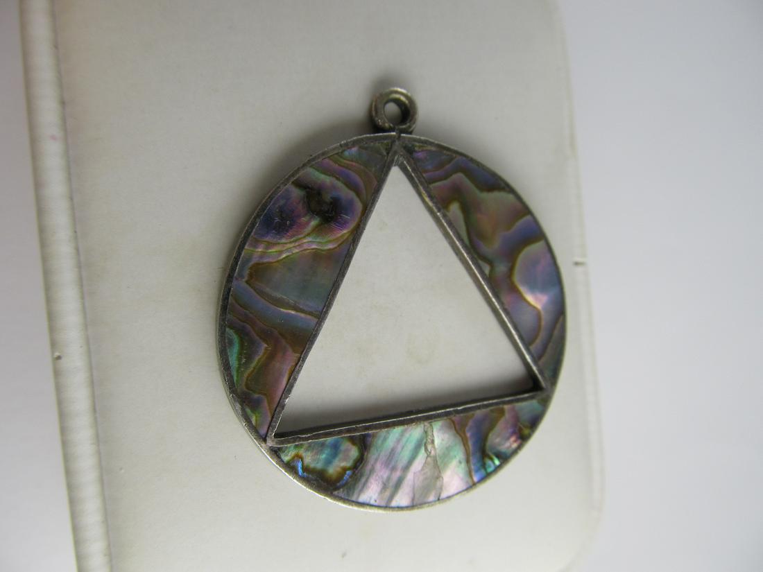 AFC TAXCO MEXICO STERLING SILVER PENDANT ABALONE: This is a very well-made sterling AFC Mexican sterling pendant. It is in overall excellent condition with no flaws seen excluding slight wear. It has an older, unpolished patina & should polish nicely