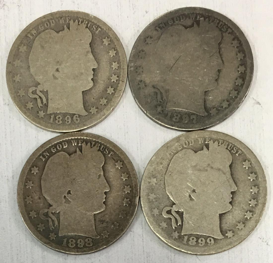 Lot of 4 Barber Silver Quarters 1896-P, 1897-P, 1898-P (1 of 2)