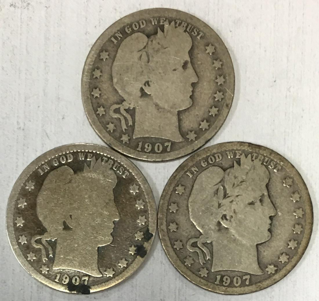 Lot of 3 Barber Silver Quarters 1907-P, 1907-D, & (1 of 2)