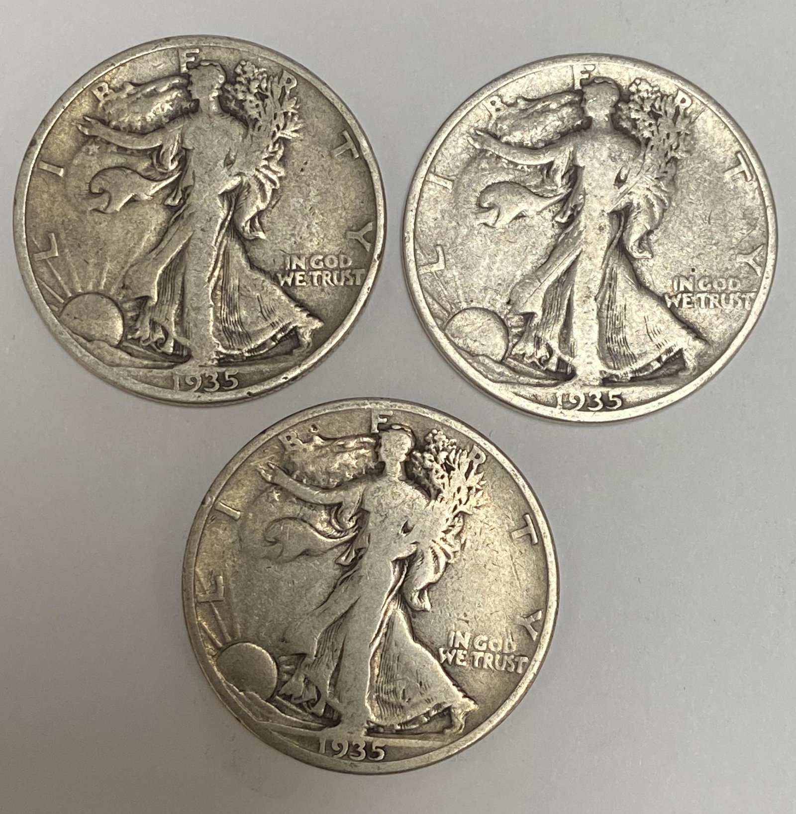 Lot of 3 Walking Liberty Silver Half Dollars 1935-P, (1 of 2)