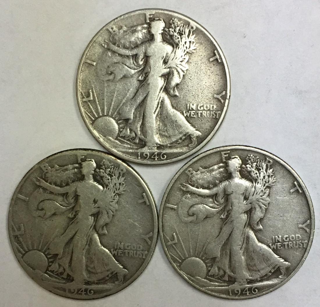 Lot of 3 Walking Liberty Silver Half Dollars 1946-P, (1 of 2)
