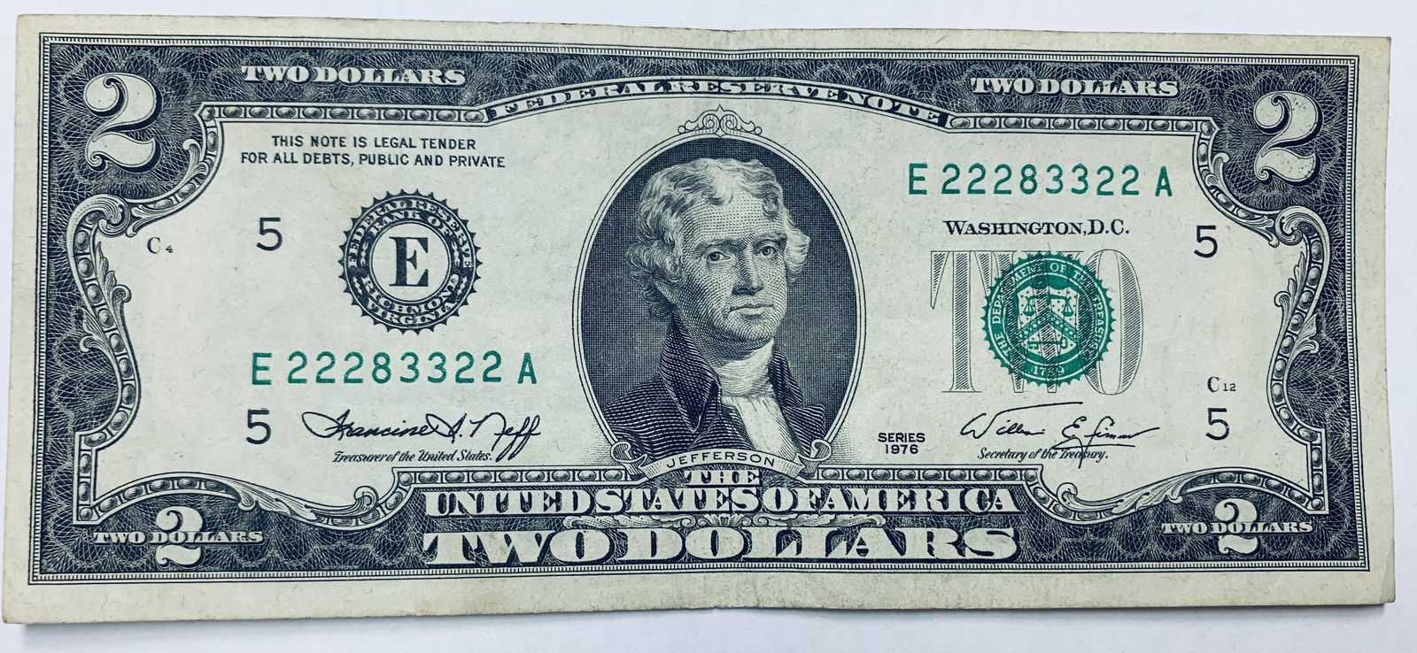 1976 $2 Two Dollar Bill Federal Reserve Note Richmond: 1976 $2 Two Dollar Bill Federal Reserve Note Richmond Fancy Number 22283322 FR #1935-E Neff & Simon