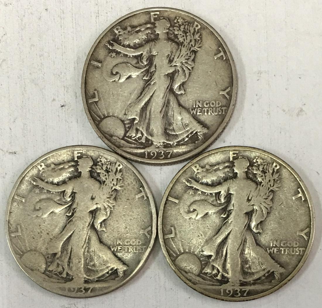 Lot of 3 Walking Liberty Silver Half Dollars 1937-P, (1 of 2)