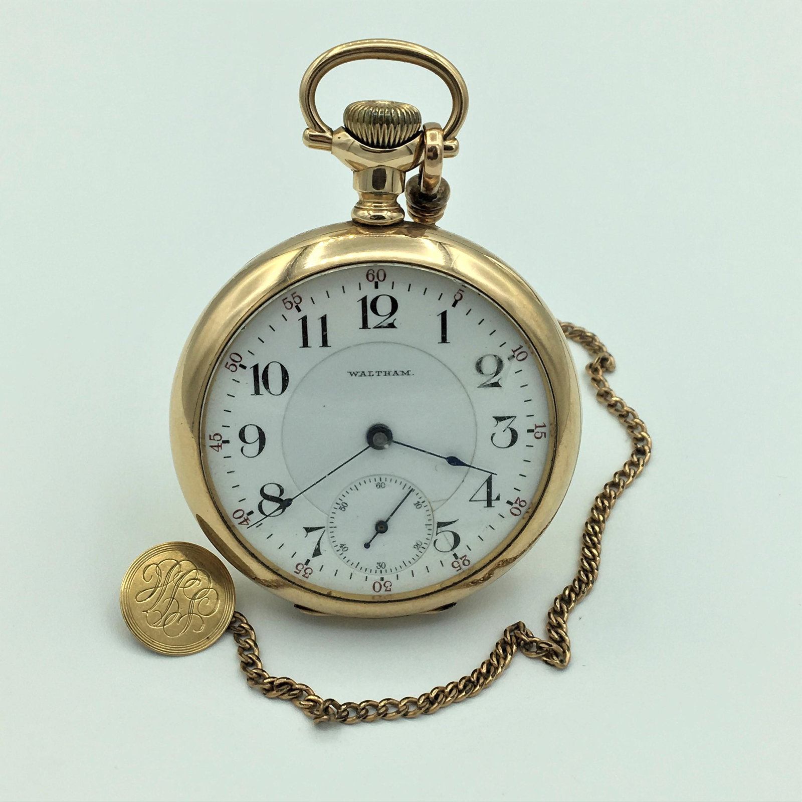 1906 Waltham Riverside Railroad 19J Adj 5 Pos OF Pocket: 1906 Waltham Riverside Railroad 19J Adj 5 Pos OF Pocket Watch 16s #15105779 Runs. Case and Fob Inscribed with Initials. Chain with Fob Measures 10 Inches Long. Watch is in Very Good Condition with Nor
