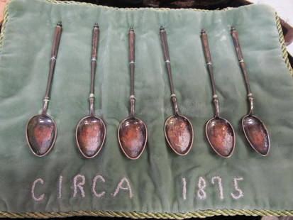 DENMARK SET 6 SILVER ANTIQUE DEMITASSE SPOONS 4: These finely-made, 800 silver or higher, 6 Danish antique demitasse spoons are in overall excellent condition with very little wear seen. All were mounted in an early cloth holder with an estimated c.