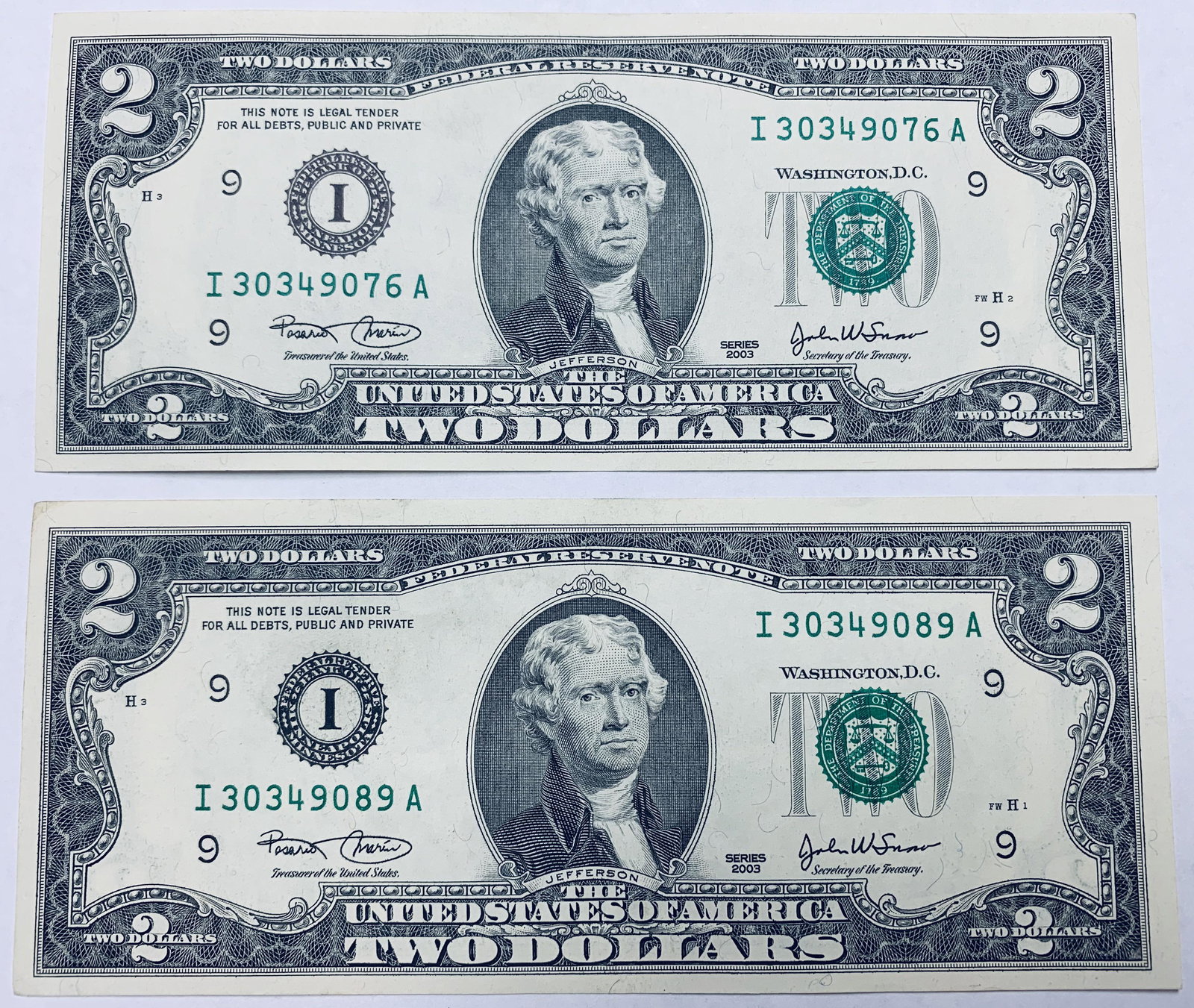 2003 $2 Two Dollar Bill Federal Reserve Note: 2003 $2 Two Dollar Bill Federal Reserve Note Minneapolis FR #1937-I Marin & Snow - Lot of 2