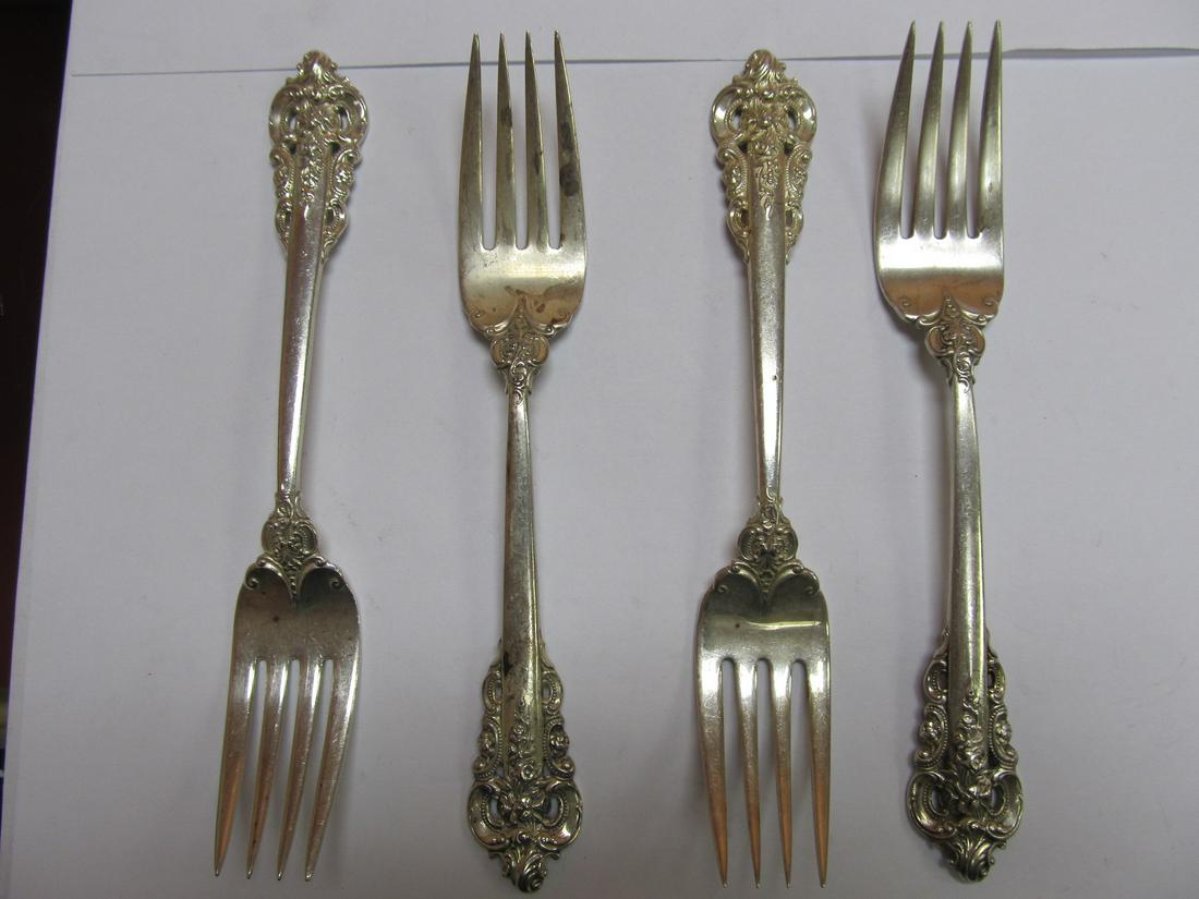 WALLACE SILVERSMITHS GRANDE BAROQUE STERLING 4 SALAD: These very nice 4 vintage Grande Baroque salad forks are in overall excellent condition with very little wear seen outside of some light scratching. They have an older patina & should polish nicely. T