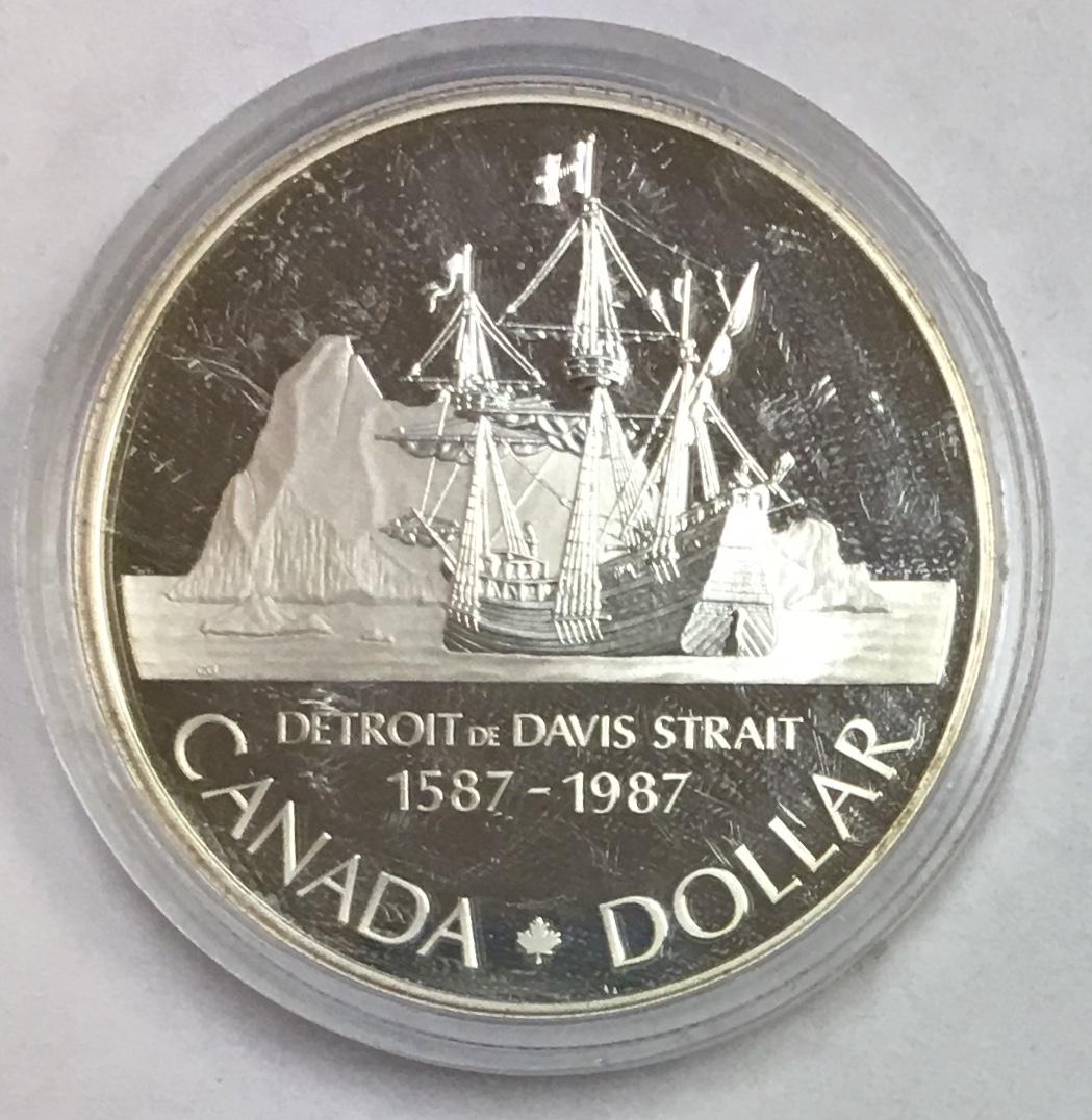 1987 Canada Silver Dollar, 400th Anniversary of John: 1987 Canada Silver Dollar, 400th Anniversary of John Davis\\' Exploration KM# 154. This $1 silver coin is 0.500 silver 0.375 oz. ASW with a weight of 23.33 grams and a diameter of 36 mm.