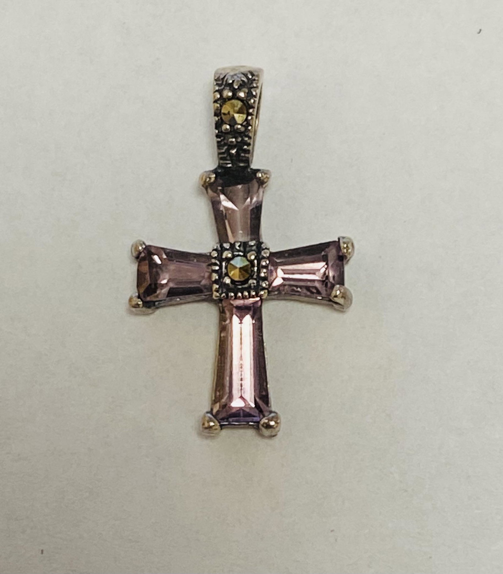 Small Sterling Amethyst Stone Cross Pendant w/: Small Sterling Amethyst Stone Cross Pendant w/ Marcasite *February Birthstone*