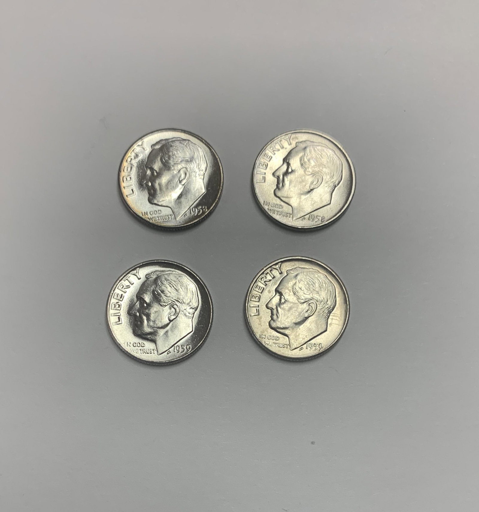 Lot of 4 Roosevelt Silver Dimes 1958-P, 1958-D, 1959-P, (1 of 2)