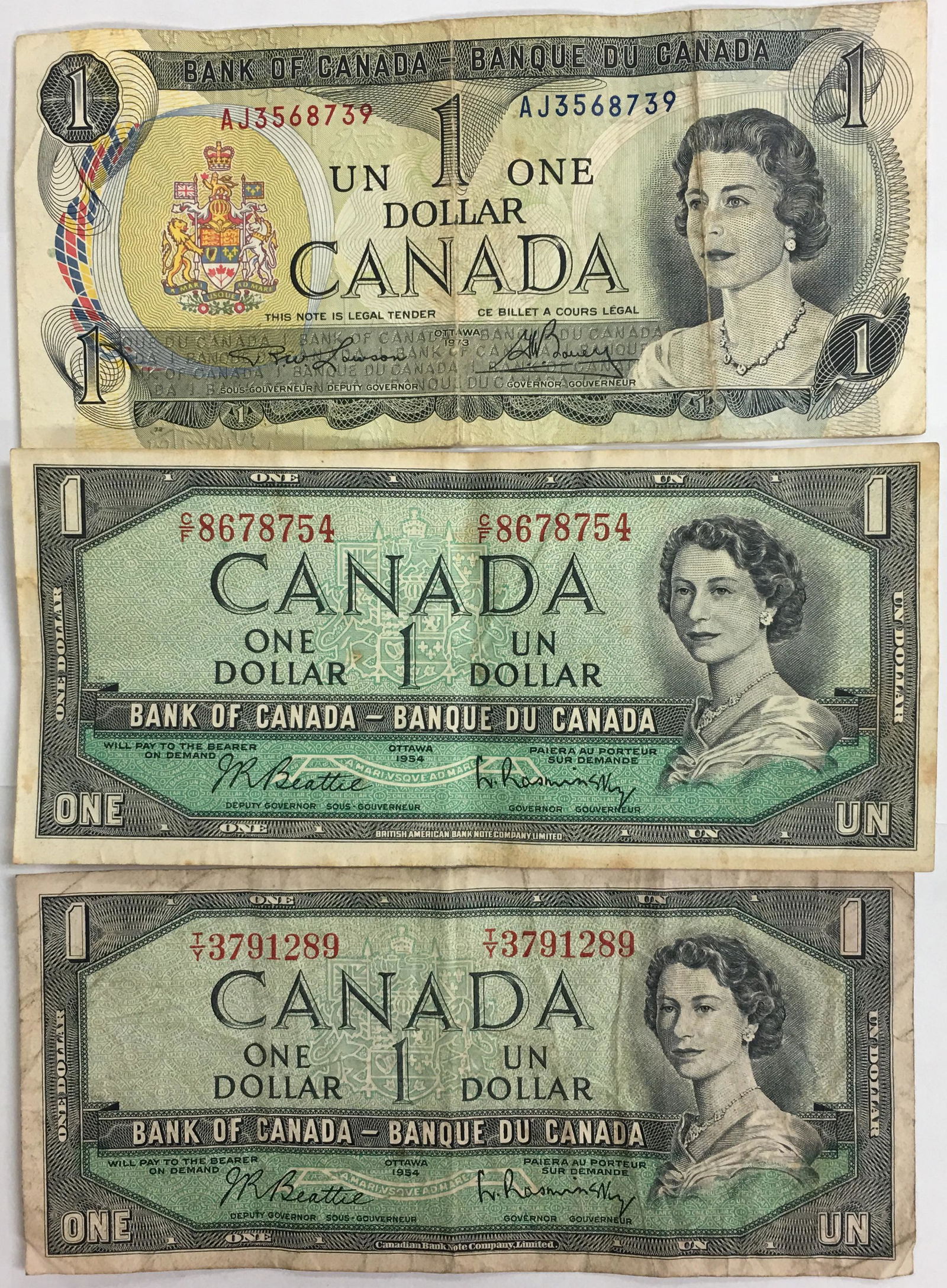 Lot of 3 Bank of Canada 1954 & 1973 One Dollar (1 of 2)
