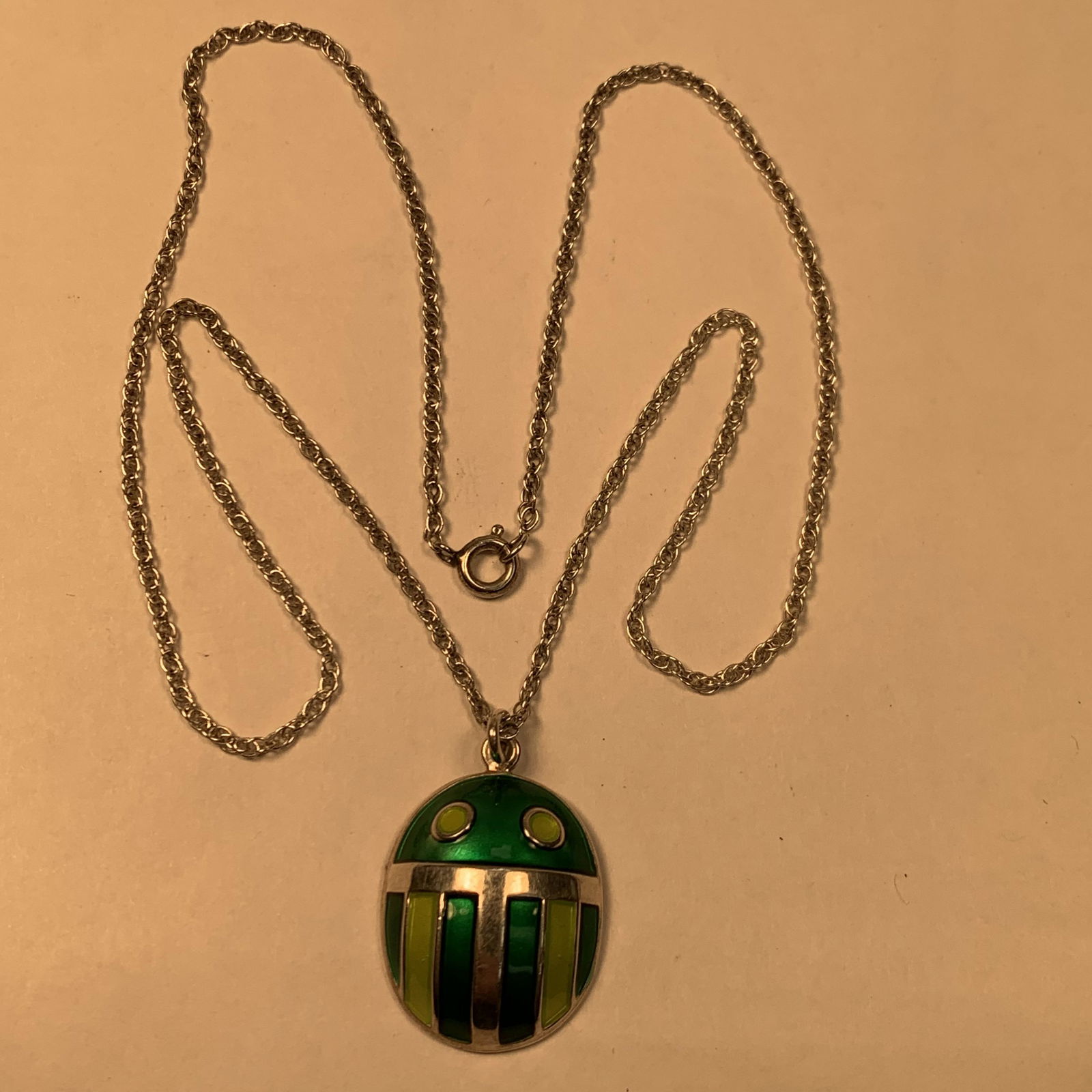 D-A Norway Choice Sterling Silver Enamel Beetle 7/8": This excellent David Anderson Norwegian sterling enameled Beetle pendant is in overall fine condition with only slight wear. The sterling chain is also in fine condition. The beetle is about 7/8" high