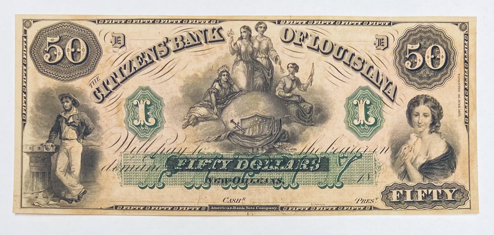 1860's $50 Citizens' Bank of Louisiana New Orleans pp D: 1860's $50 Citizens' Bank of Louisiana New Orleans pp D - Green denomination plaques each side of the central vignette and a panel at bottom center outlining a fancy "FIFTY" are seen on this American 
