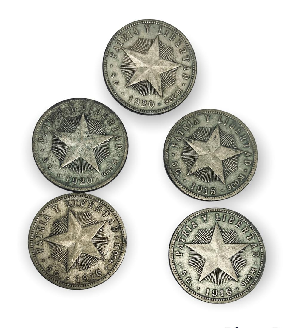 Lot of 5 - 1915 - 1920 Cuba 20 Centavos .900 Silver (1 of 2)