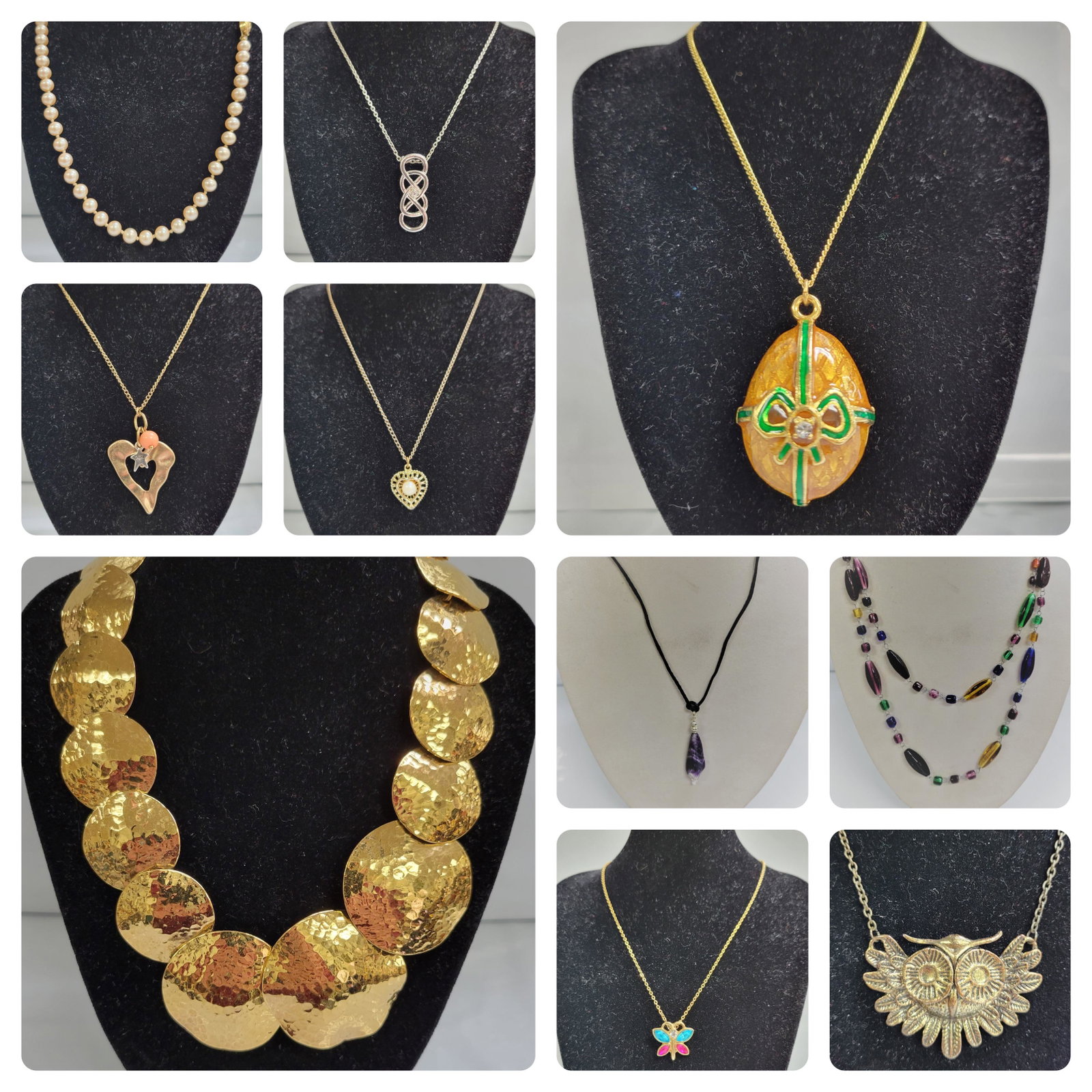 Lot of Women's Costume Jewelry Necklaces: Gold Tones, Pendants and More. 1 Gold Tone Disk Choker. Hammered Disks W/ Gold Tone Links and Fold Over Clasp. Length 16in. 2 Ornate Heart Shaped Gold Tone Pendant W/ Faux Pearl. Gold Tone Cable Link 
