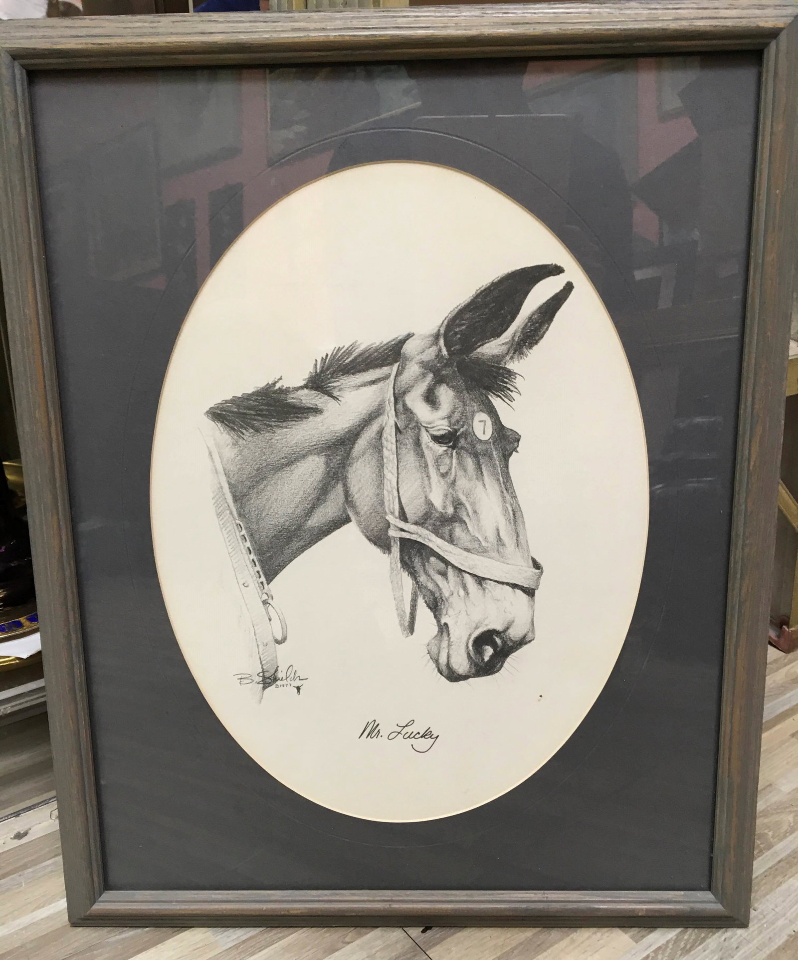 Vintage "Mr. Lucky `` Print'' 1977: Vintage "Mr. Lucky `` Print'' 1977 by Bonnie Shields, 15 3/4 x 11 1/2, Framed and Glazed 21 1/2 x 17 1/2 in.