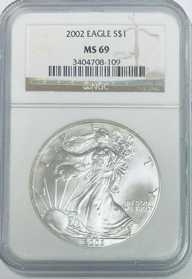 2002 $1 American Silver Eagle NGC MS69 1 oz .999 Fine Silver (1 of 8)
