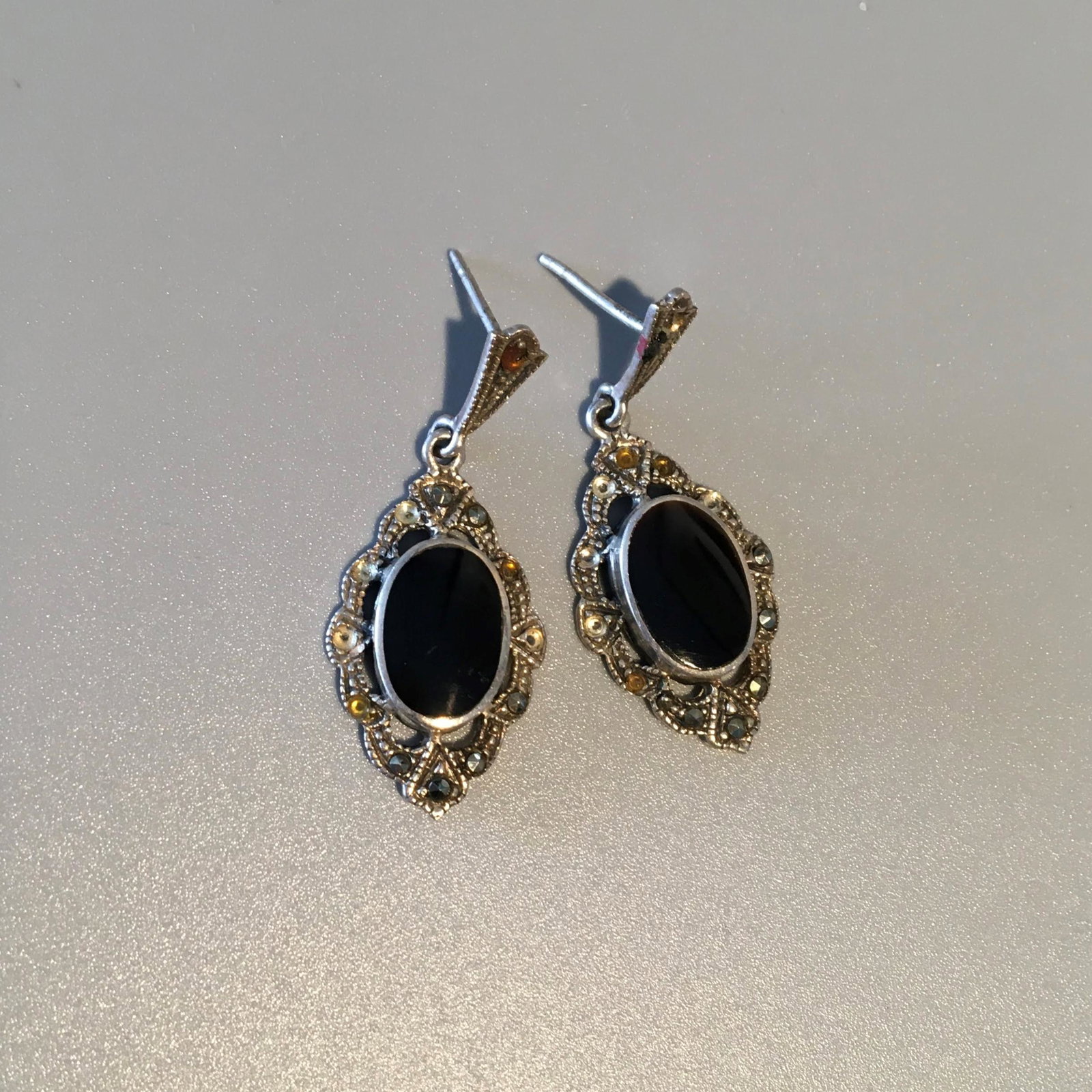 Sterling Silver, Onyx & Marcasite Pendant Earrings: Sterling Silver, Onyx & Marcasite Pendant Earrings, Marked .925, 1 in. each, 3.2 dwt.