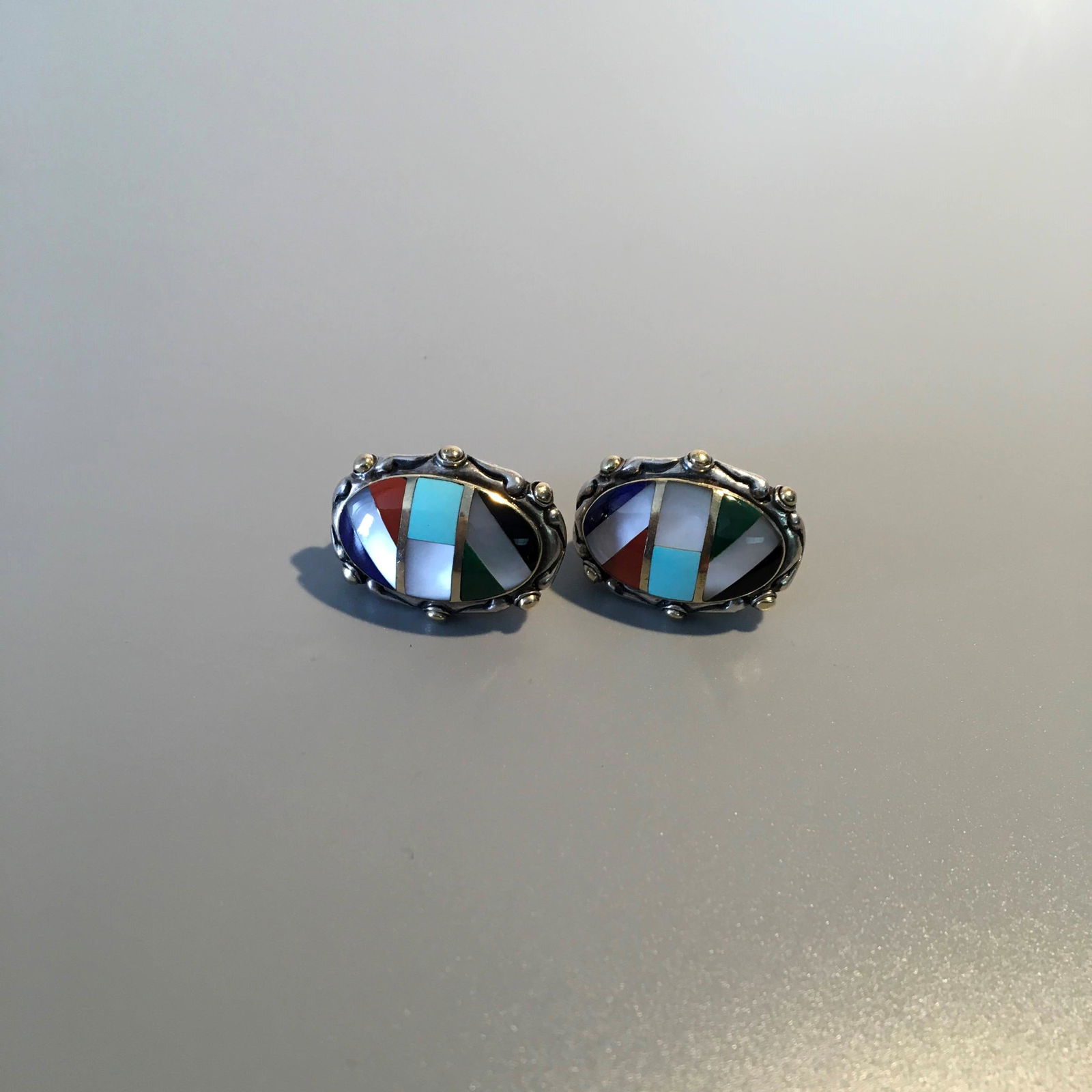 Sterling Silver and Gemstone Earrings: Sterling Silver and Gemstone Earrings with Lapis, Moonstone, Turquoise and Agate Inlay, Marked .925 & Makers Mark, 1 in. Each, 9.7 dwt.