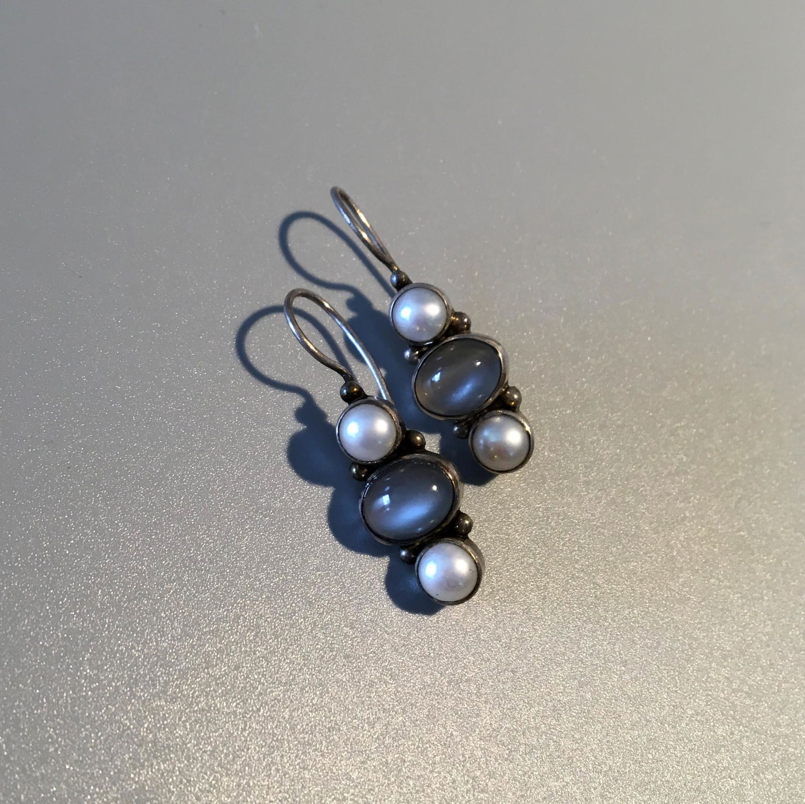 Sterling Silver, Pearl & Moonstone Earrings: Sterling Silver, Pearl & Moonstone Earrings, Marked .925 JGD, 1 in. each, 3.4 dwt.