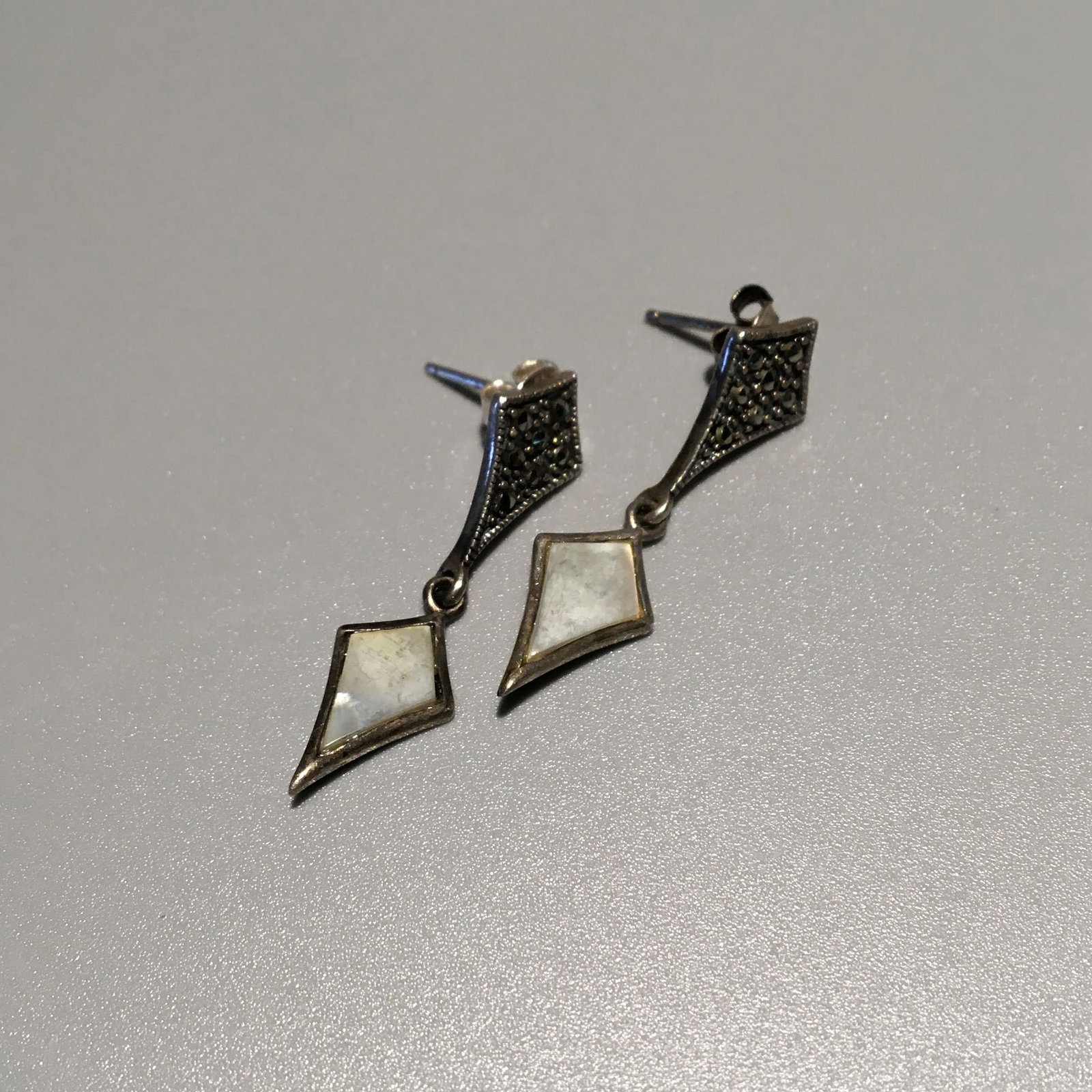 Sterling Silver, Mother of Pearl & Marcasite Pendant Earrings: Sterling Silver, Mother of Pearl & Marcasite Pendant Earrings, Marked .925, 1 in. each, 1.8 dwt.