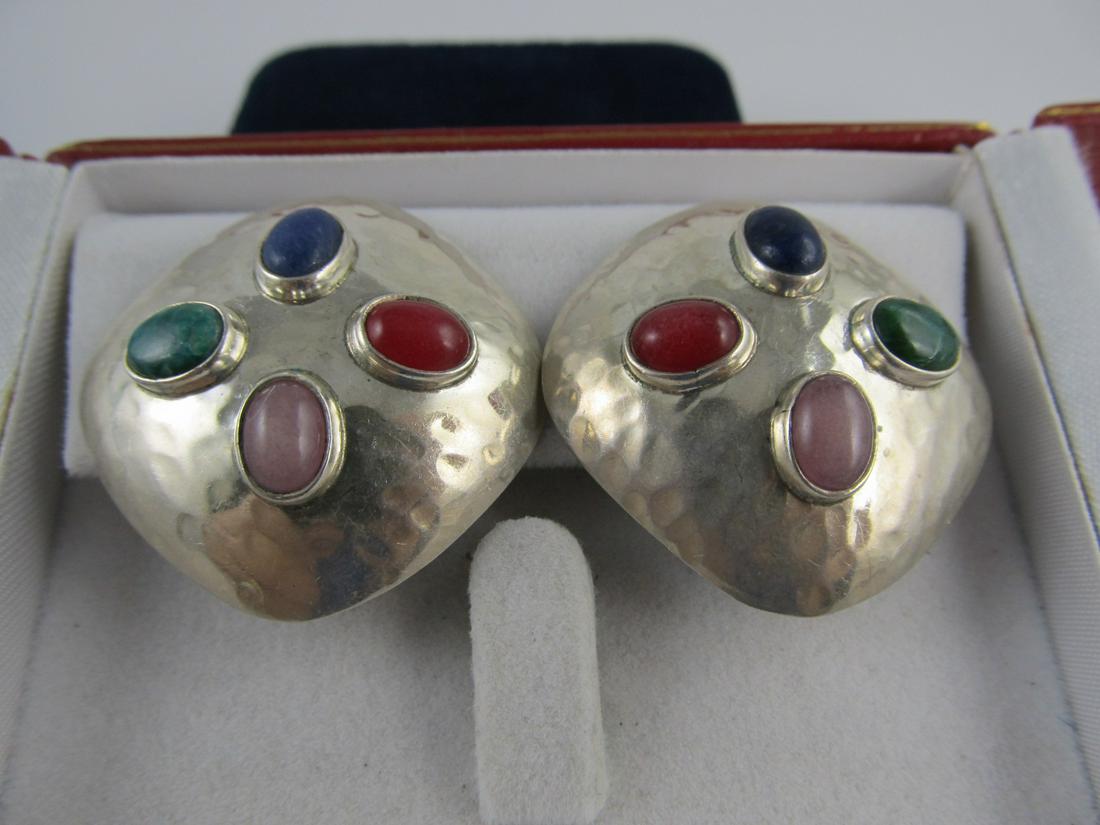 MEXICO SGD STERLING SILVER MULTI STONE CLIP BACK EARRINGS 1 ½" H V GOOD COND (1 of 6)