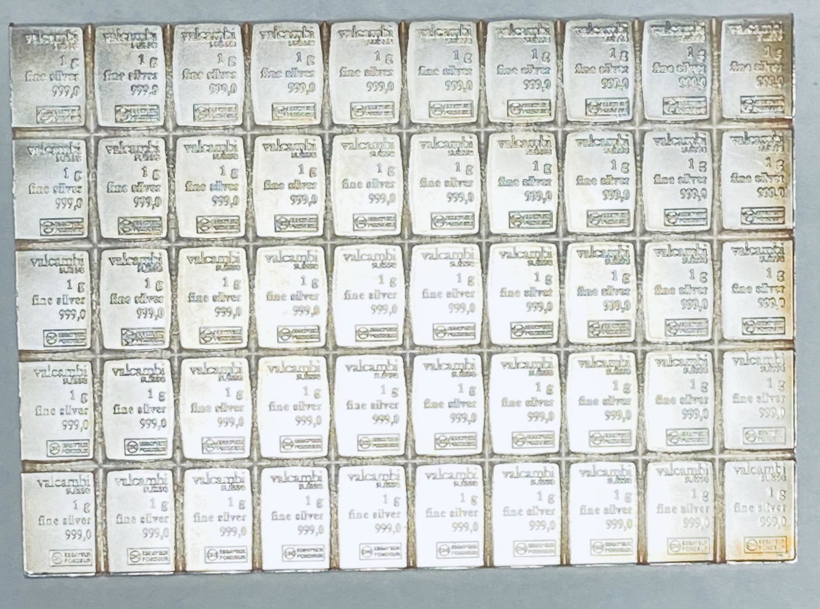 50 Valcambi Suisse Essayeur Fondeur Bars 1g each 50 x 1 gram .999 Fine Silver (1 of 10)
