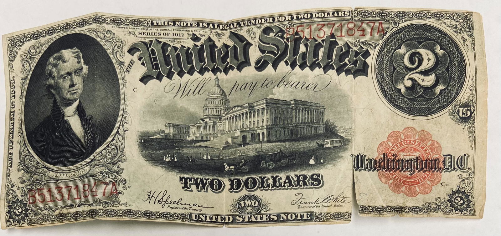 1917 $2 Large Size U.S. Legal Tender Note Two Dollars Red Seal Bill Speelman/White (1 of 2)