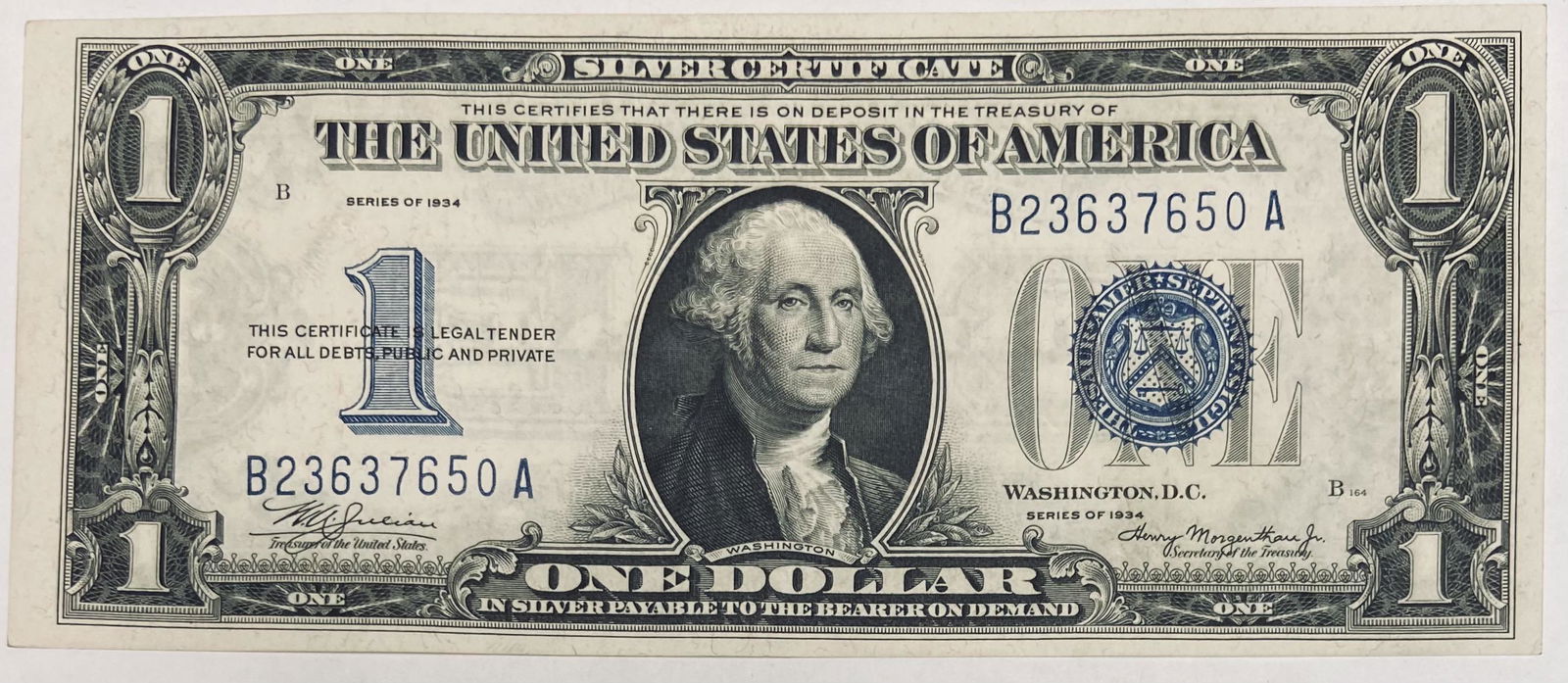 1934 $1 Silver Certificate Funny Back Sighed by Julian & Morgenthau FR #1606 (1 of 2)