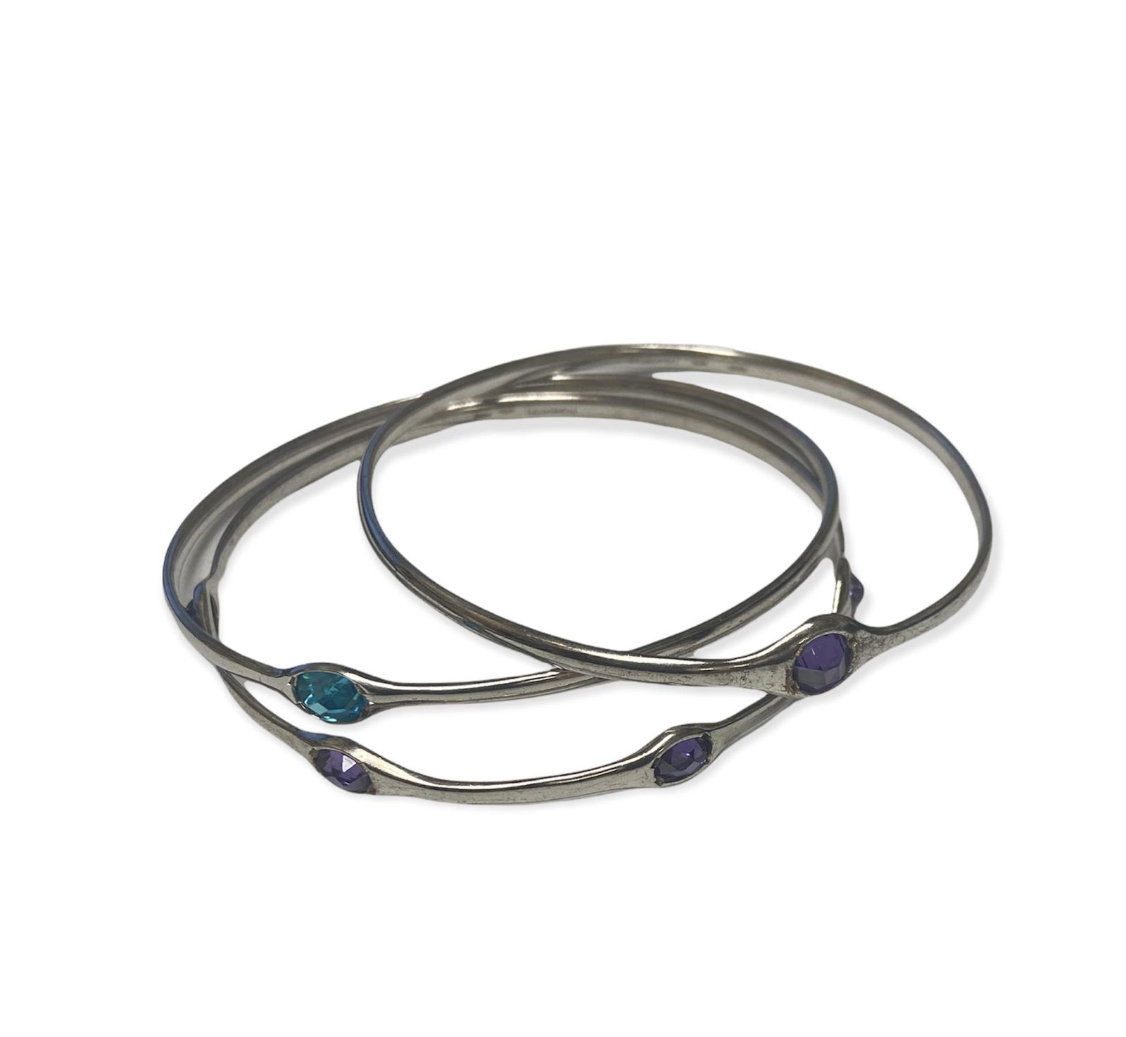 Set of 3 Sterling Silver Bangle Bracelets with Blue Topaz and Amethyst Stones 16.7 dwt (1 of 6)