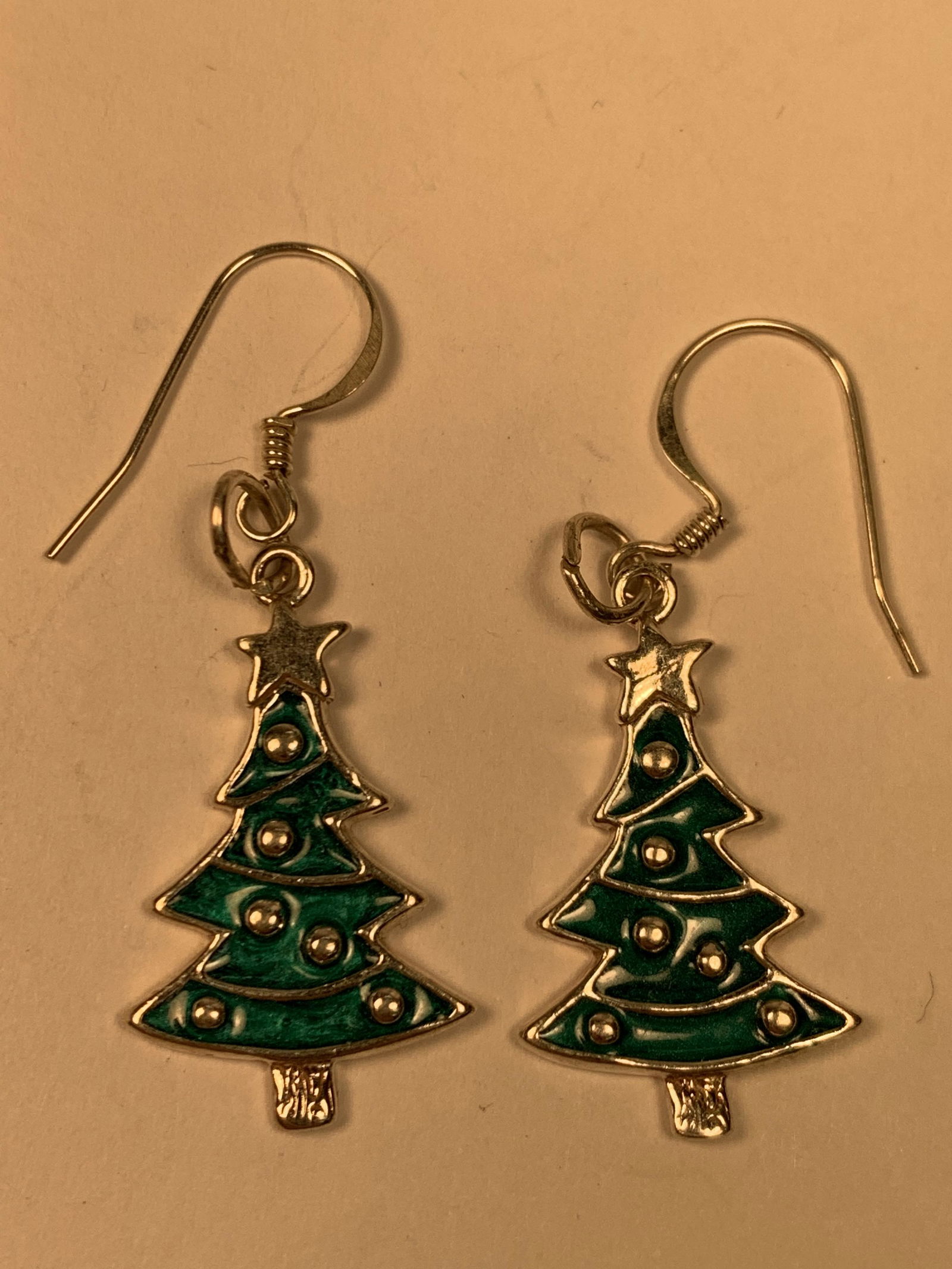 Sterling Silver Enameled Christmas Tree Star Dangle Earrings 7/8" Tall to top Star 4.3 Gr Xlnt Cond (1 of 2)